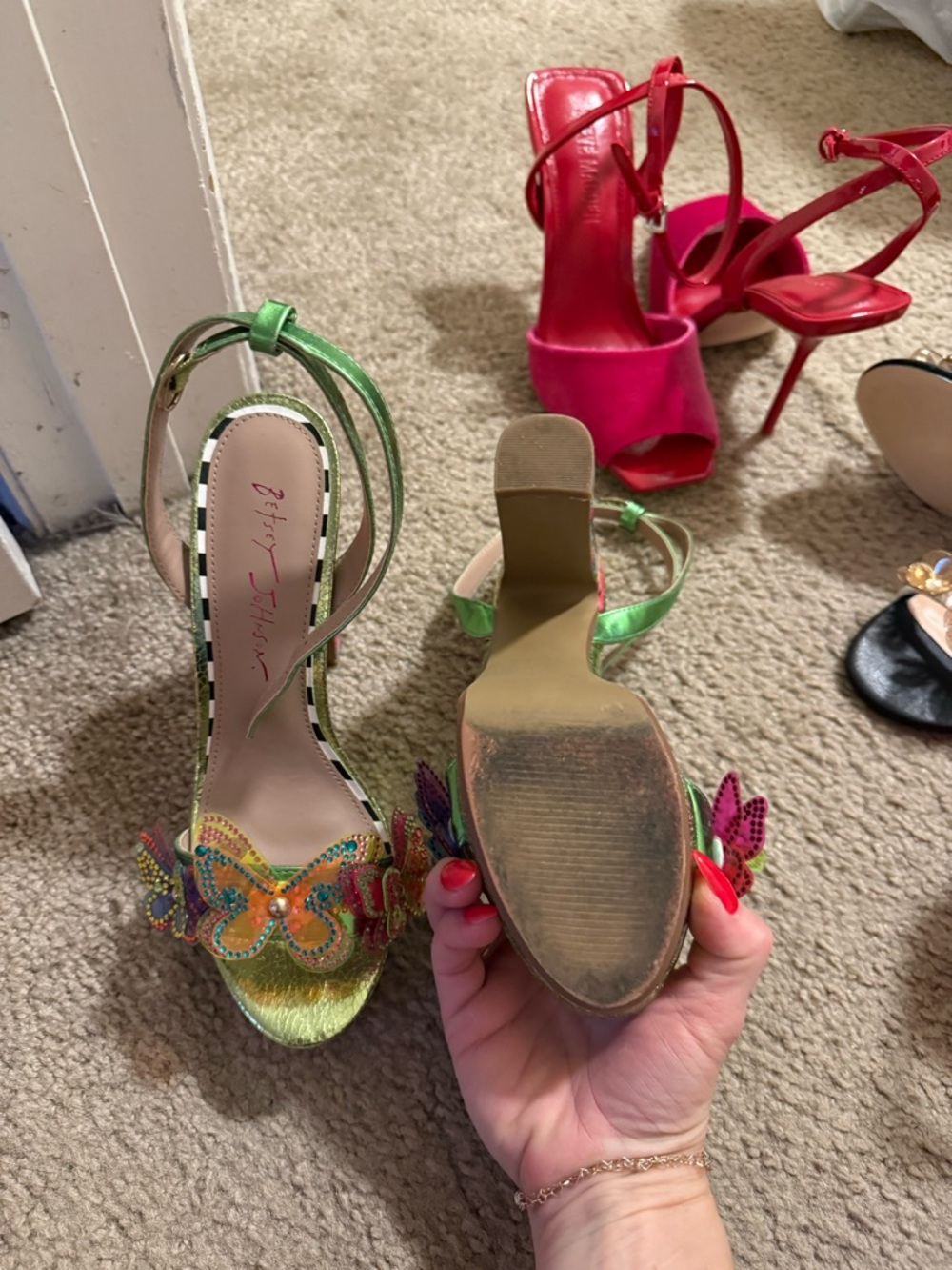 Betsey Johnson Metallic Green Butterfly Strap Heels - like new - Picture 2 of 3